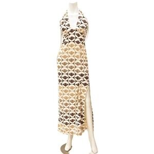 70s Vintage Halter Maxi Dress Womens XS Geometric Mod Cream Brown Midi Backless